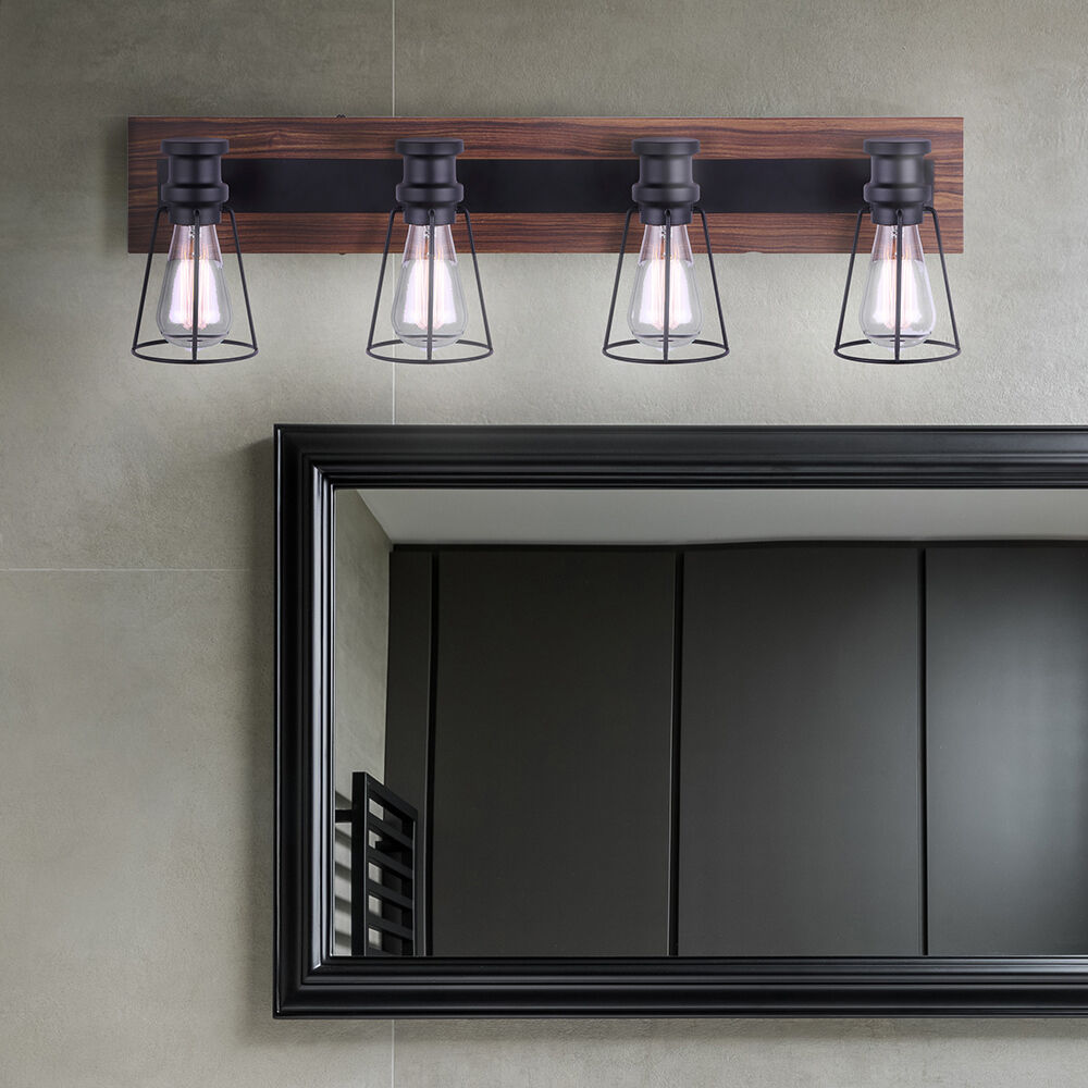 Madison 4 Light 32 inch Black and Faux Wood Vanity Light Wall Light