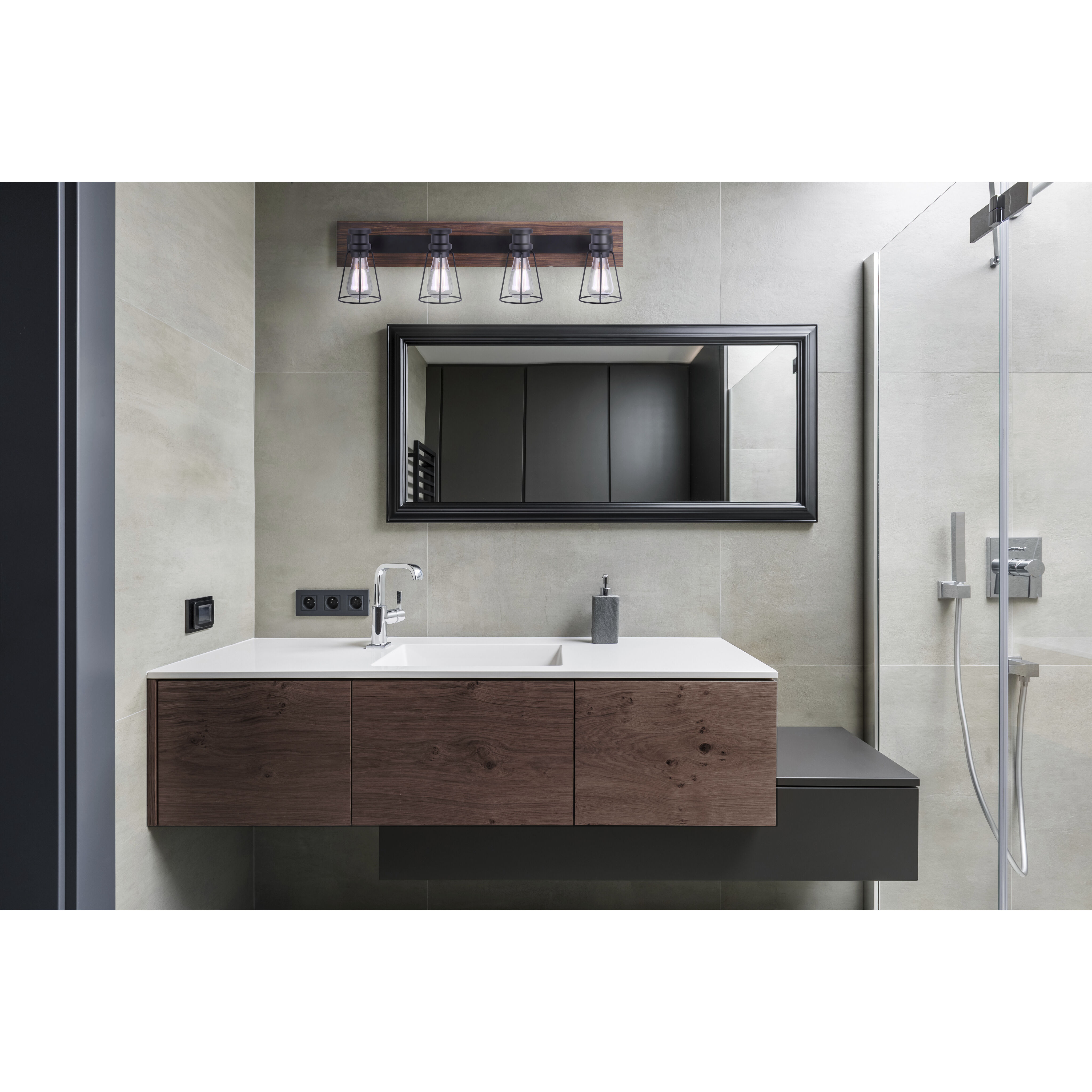 Madison 4 Light 32 inch Black and Faux Wood Vanity Light Wall Light