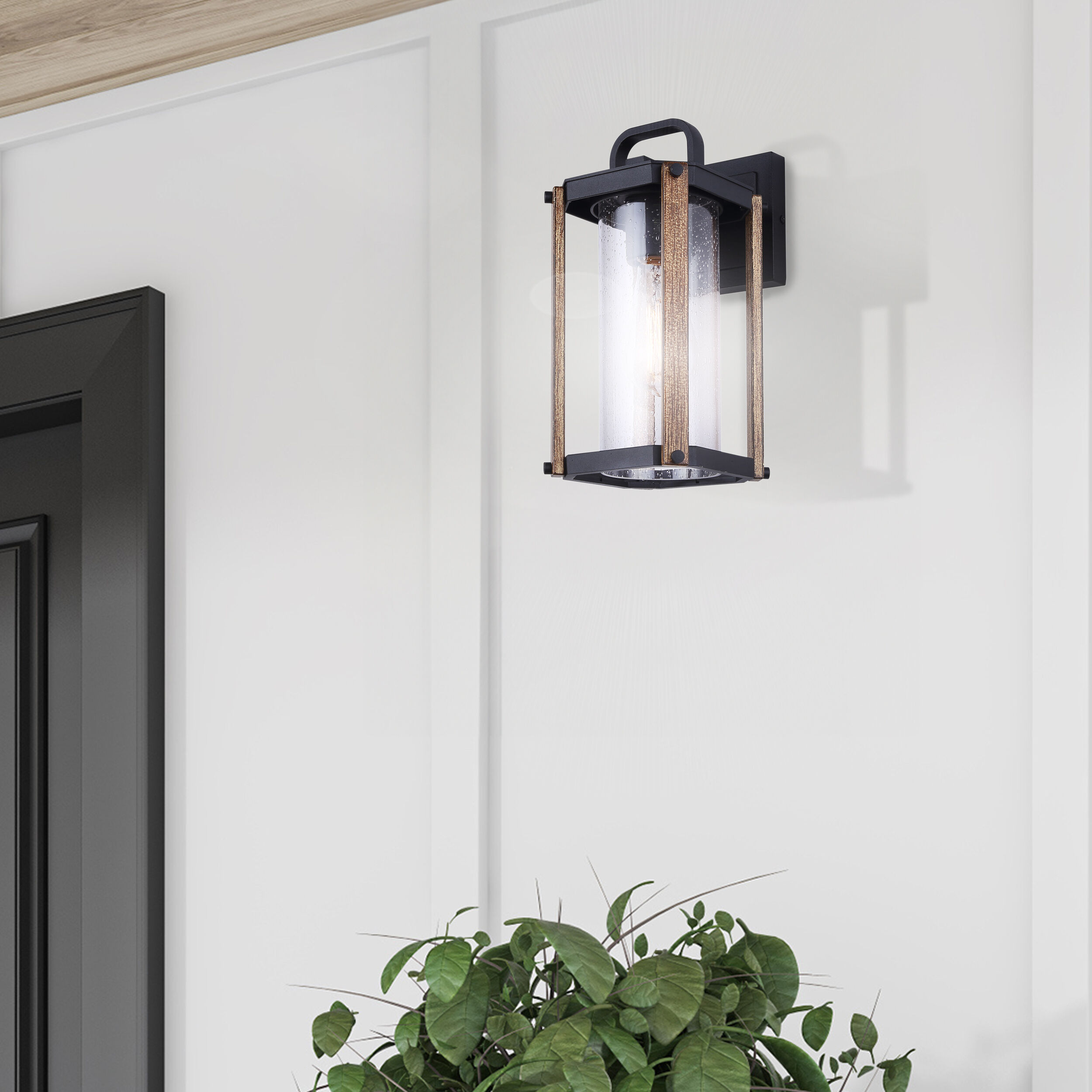 Aki 1 Light 12 inch Black and Wood Outdoor Wall Lantern